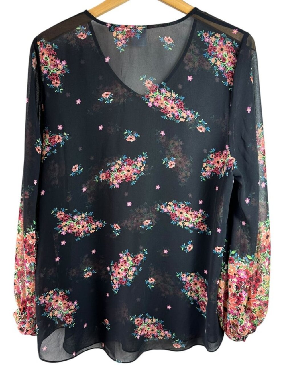 Cabi Blooming Blouse Black Floral Sheer Chiffon Top Boho Romantic XL 3594 - Picture 4 of 6
